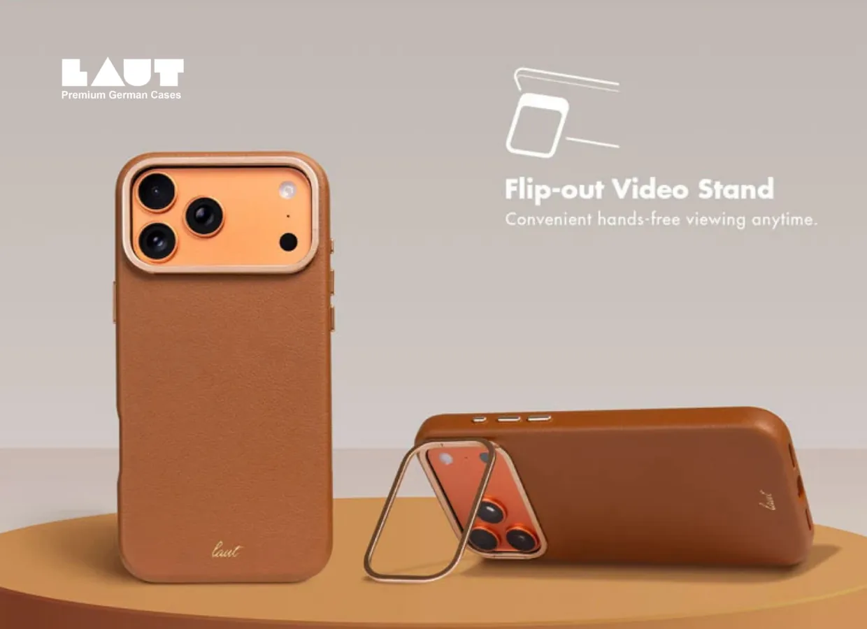 LAUT tan leather iPhone case with flip-out video stand