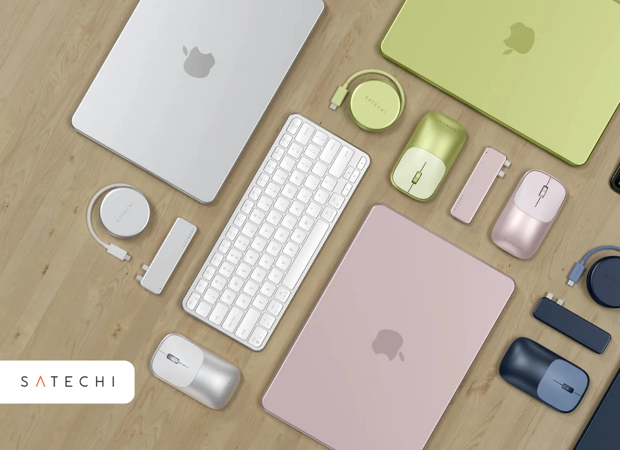 Satechi desk setup: keyboard, mice, hubs and chargers alongside MacBook and iPad