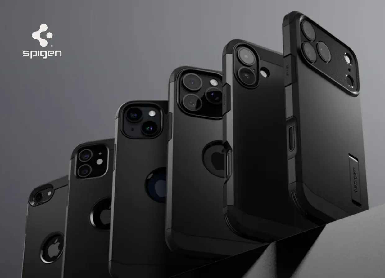 Spigen Tough Armor cases for iPhone lined up on a dark background